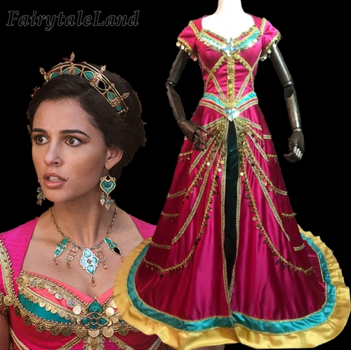Movie Aladdin Princess Jasmine Cosplay Costume Fancy Dress Halloween Costume Queen Outfit Sequin Coat long cloak