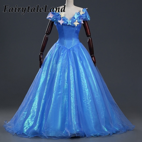 Movie Cinderella Dress Party Gown Carnival Halloween Costume Cosplay Cinderella Costume Blue Dress with butterflies