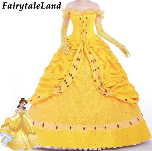 Cartoon Princess Belle Cosplay Costume Fancy Halloween costumes for women Sexy Yellow Belle Dress custom made