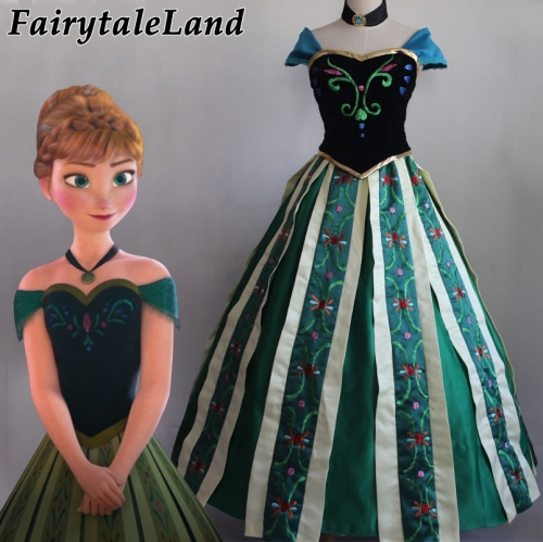Frozen Anna Cosplay Costume Halloween Dress Cartoon Anna Coronation Party Gown Green Emebroidery Outfit Custom Made