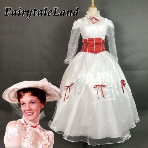 Mary Poppins Cosplay Costume Adult Women Halloween Party White Gown Fancy Costumes Mary Poppins Dress