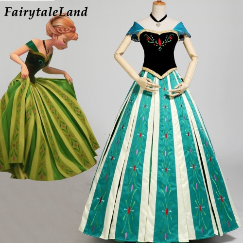 Frozen Anna Coronation Costume Halloween Princess Dress Embroidery Flowers Party Gown