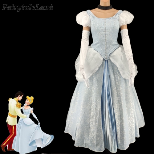 Cinderella Dress Cosplay Halloween Party Gift Women Light Blue Princess Costume Flowers Printed Outfit Fancy Wedding Gown