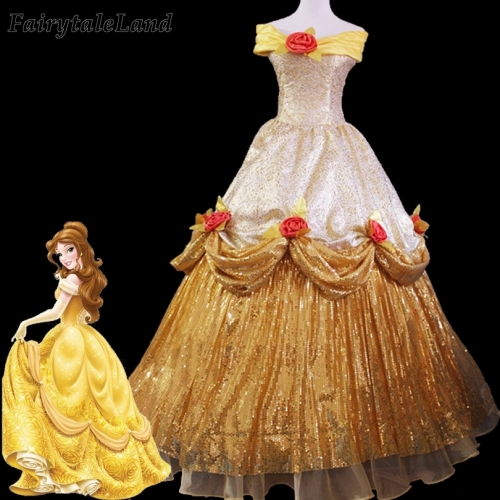 Belle Costume Adult Halloween Party Sequins Dress Cosplay Beauty And The Beast Costume