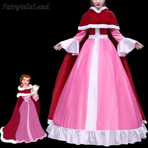 Beauty And The Beast Belle Pink Dress Red Cape Halloween Cosplay Princess Belle Costume Winter Snow Coat Outfit