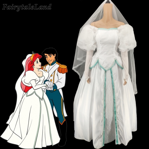 The Little Mermaid Princess Ariel Wedding White Dress Veil Halloween Cosplay Costume