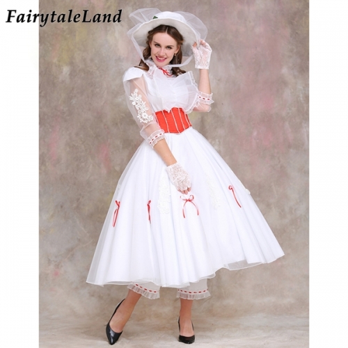 Mary Poppins Dress Fancy Hat Outfit Carnival Halloween Women Cosplay Costume Princess Mary White Suit