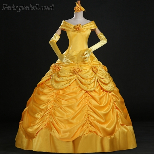 Fancy Beauty and the Beast Belle Cosplay Costume Yellow Party Gown Halloween Princess Dress