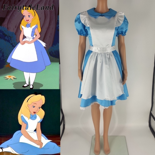 Cartoon Alice In Wonderland Alice Cosplay Costume Lolita Blue Apron Dress