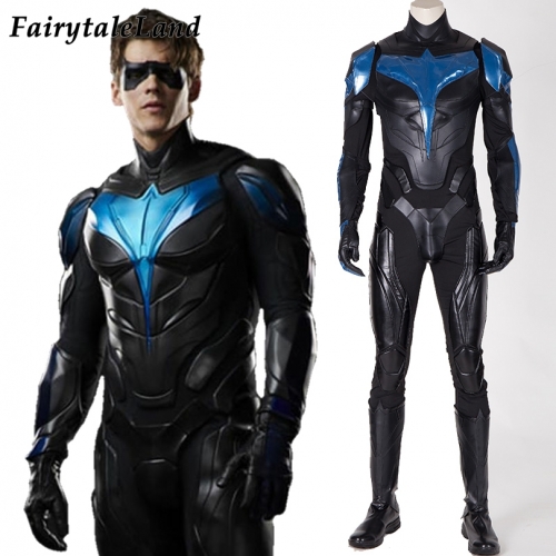 Adult Men Superhero  Titans Cosplay Costume Nightwing Battle Bodysuit Uniform Halloween Party Jumpsuit Full Set With Boots