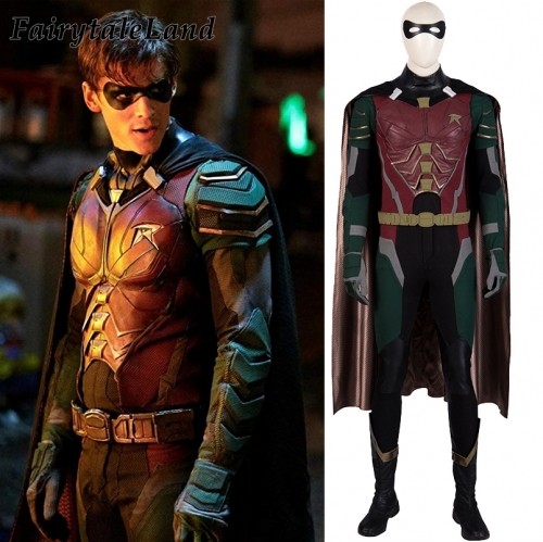 Teen Titans Cosplay Costume Superhero Robin Green Battle Clothes Halloween Party Outfit Full Props With  Boot