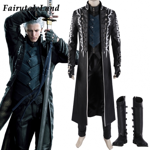 Adult Men  Games Devil May Cry 5 Cosplay Costume Leader Man Vergil Clothing Fancy Halloween Party Outfit Full Set With Boots